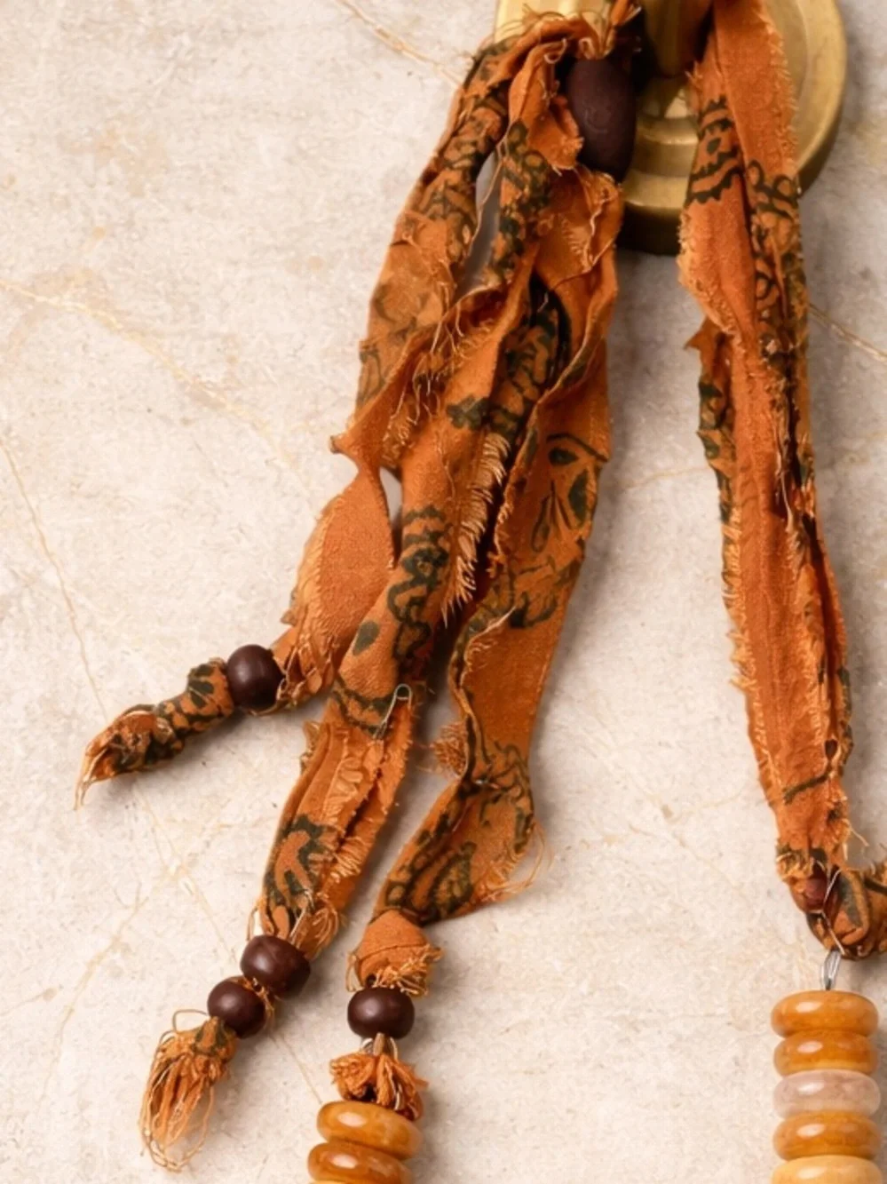 Free People Boho Disc Bead Necklace Ribbon Tie Natural Stone Style 99579872